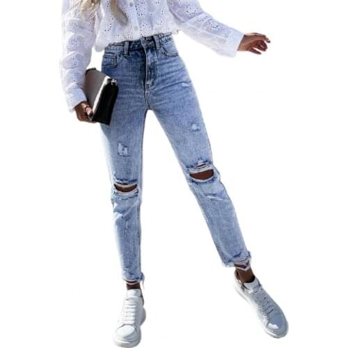 Jeans Women High Waist Skinny Ripped Holes Pockets Summer Autumn Straight Cropped Denim Pants for Women Long Trousers