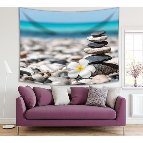 Tapestry Flower and Mini Pyramid with Stones horse Beach Nature Health Tranquility Theme Blue White Beige