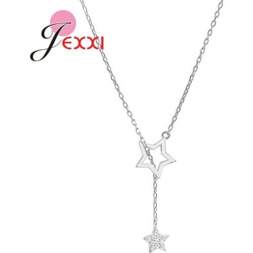 Good Quality 925 Sterling Silver Double Star Pendant Necklaces For Women Girls Fashion Style Silver Long Necklace
