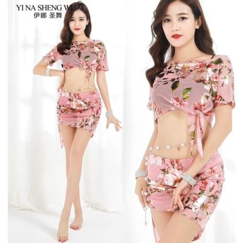 Belly Dance Costume Women Practice Suit Printing Flower Top+Skirt Oriental Dance Sexy BellyDancing Dress Performance Clothes
