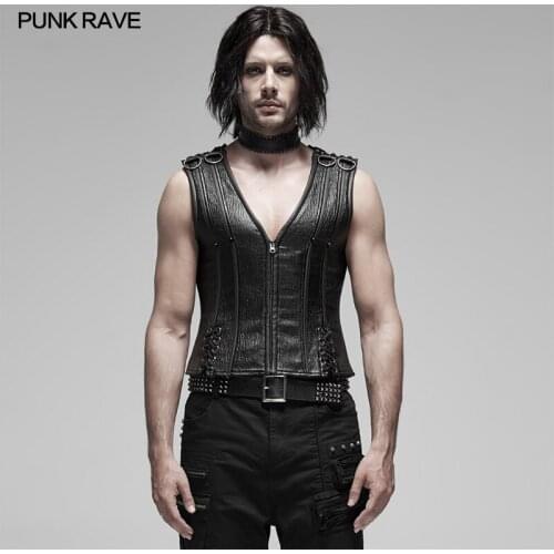 PUNK RAVE Mens Punk V Collar Shapewear Woven Fabric Metal Strip Adjust Rope Stage Performance Slim Fit Sexy Men Corset