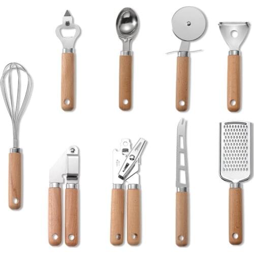 Kitchen Gadget Set Wooden Handle Stainless Steel Utensils Can Opener Peeler Garlic Press Cheese Grater Whisk Kitchen Accessories