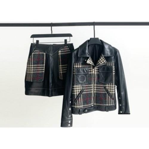 2020 Autumn New Leather Coat Sheepskin Woolen Skirt Leather Jacket 2-piece Set