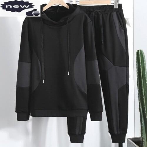 Autumn Mens Tracksuit Sets Plus Size Long Sleeve Hooded T-Shirt Stretchy Lace-Up Harem Pants Winter Thick Fleece Two Piece Set