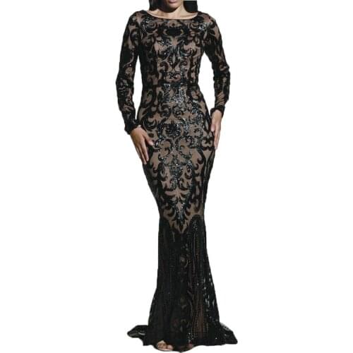 New Autumn Stretch Black Sequins Ivory Lining O Neck Long Sleeve Mermaid Maxi Dress Elegant Zipper Evening Party Dress