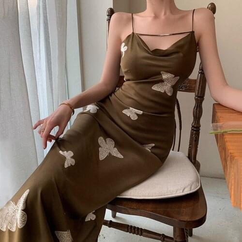 Vintage Satin Dress Women Sleeveless Butterfly Print Spaghetti Strap Sundress Sexy Imitation Silk Dress Female