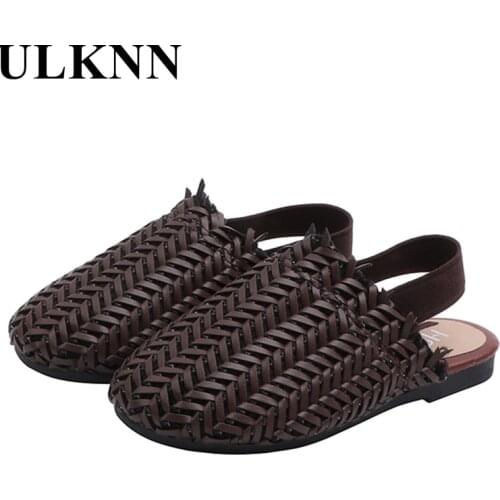 ULKNN Baby girl sandals 2021 woven sandals Kids Cut-Outs Slides children Brown casual shoes Beige kids sandals and slippers