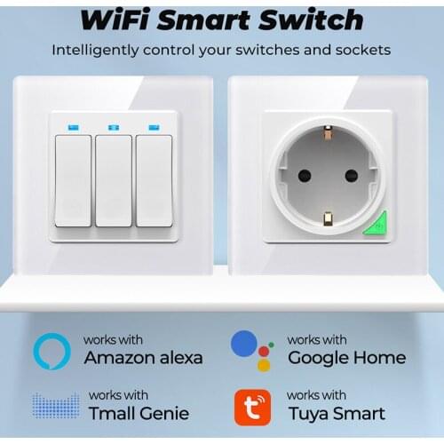 Tuya Wifi Smart Switch Wireless 16A EU/US/UK Plug Socket Glass Timing APP Control Button Panel Works With Alexa Google Assistant