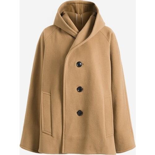 High grade woolen fabrics womens top fashion hooded thick coat irregular length S/M