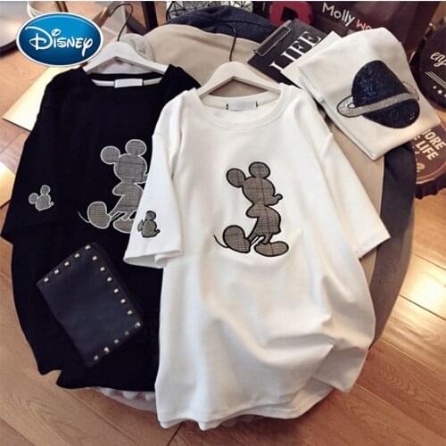 Disney Women clothing couple fashion Mickey mouse cartoon letter printing O-neck short-sleeved cute mouse womens loose T-shirt