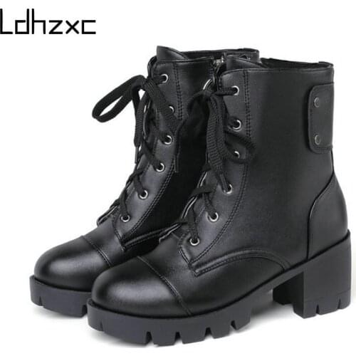 LDHZXC New Sexy Chain Women Pu Leather Autumn Boots High Heel Gothic Black Punk Style Platform Shoes Footwear High Quality
