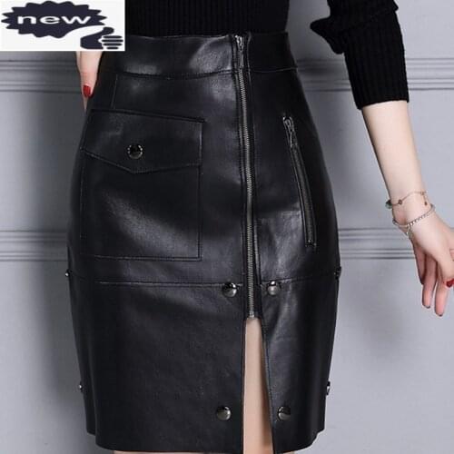 New Women Genuine Streetwear Casual Natural leather Sheepskin High Waist Wrap Buttons Zippers Female Skirts