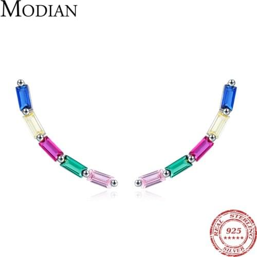 Modian 925 Sterling Silver Rainbow Geometric Rectangle Long Stud Earrings for Women Vintage Hypoallergenic Wedding Jewelry