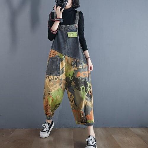 Graffiti Print Women Denim Jumpsuits Overalls 2021 New Loose Plus Size Combinaison Femme Jean Pants Salopettes Casual Rompers