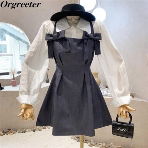 Korean Casual Shirt Dress Two Piece Set Women Long Sleeve Blazer White Shirt + Sweet Bowknot A-line Sleeveless Tank Dress Suits