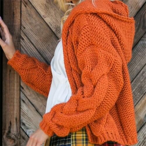 Women Cable-knit Button Sweater Adults Open Front Hooded Solid Color Long Sleeve Cardigan Autumn Loose Casual Tops