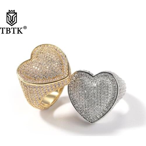 TBTK Heart Ring Full Micro Paved Iced Out Bling AAA Cubic Zirconia HipHop Fashion Delicate Jewelry For Gift Men Women