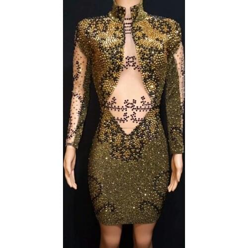 Gold Black Rhinestones See Through Dress Womens Birthday Dance Outfit Evening Prom Mesh Bodysuit Women Singer Bar Outfit