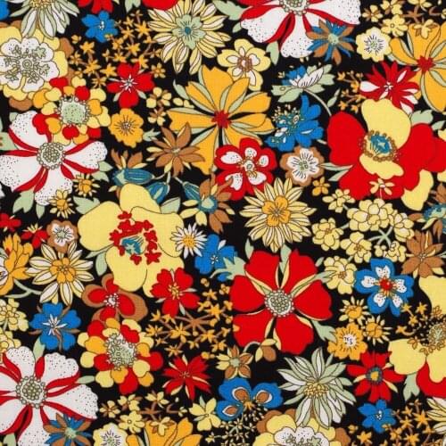 1 Yard Cotton Poplin Fabric for Sewing Patchwork, Dress, Cloth - Red,Yellow,Blue Fowers on Black Background (width=140cm)
