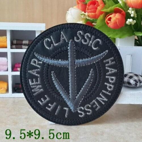 100pcs/lot Large Round Iron or Sewn Embroidery Patches Black Letter Badges Leather Cloth Clothing Decoration Sewing Accessories