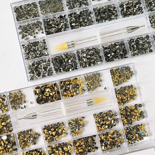 1000pcs/Box Mix Size AB Nail Rhinestones With 1 Pcs Dotting pen Silver Gold Nail Crystal Charms Big Box Irregular Rhinestones
