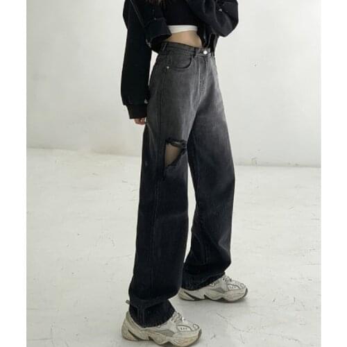 Gothic Hip Hop Black Jeans Wide Leg High Waist Korean Style Streetwear With Hole Pants Girls Loose Lady Jogging Wear