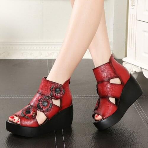Designer Women Genuine Leather High Heel Platform Sandals Ladies Party Wedges Sandals 2021 Bride Wedding Red Floral Summer Shoes