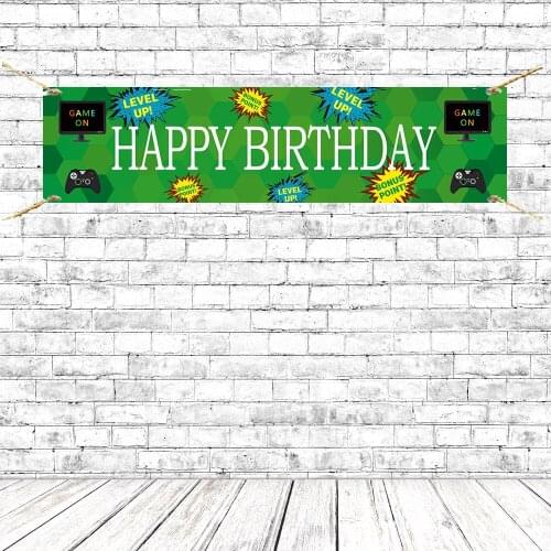 Play Station Gamer Theme Birthday Party Banners Retro PC Video Game 80s 90s Game Background Green Backdrop Poster With Grommets