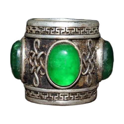 Chinese Old Craft Made Old Tibetan Silver Inlaid Green Jade Silver Ring Thumb Ring