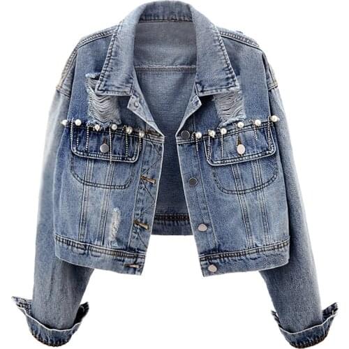 Vintage Korean Beaded Tassel Denim Jacket 2021 Spring New Women Short Jean Jacket Loose Female Coat Casual Short Lady Outwear