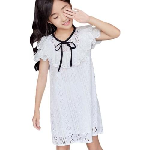 Summer Girls Lace Dress Hollow Flower Princess Teenage Girls Dress Elegant Short Sleeve White Dress For Girl RT388