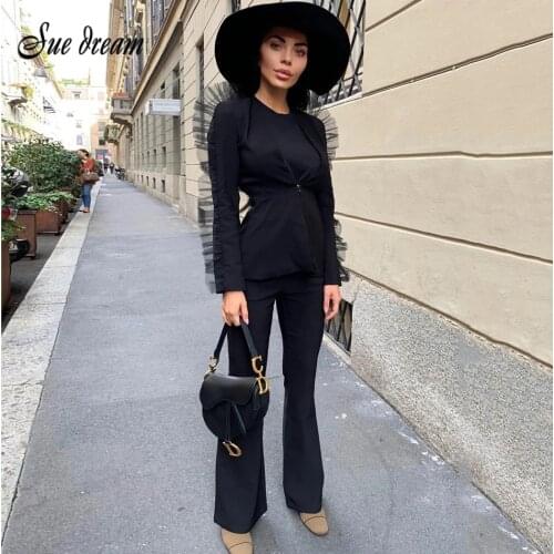 2020 Autumn New WomenS 2 Piece Two-Piece Set Mesh V-Neck Slim Long-Sleeved High Waist Wide-Leg Pants Bodycon Club Party Set