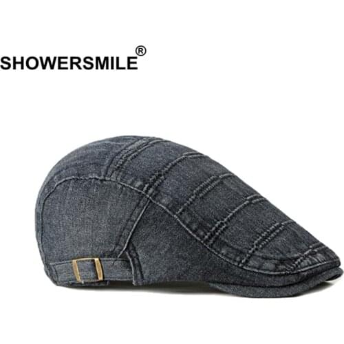 SHOWERSMILE Black Denim Cap Male Adjustable Spring Summer Flat Cap Men fashion Duckbill Hat Driving Casual Ivy Male Cabbie Cap