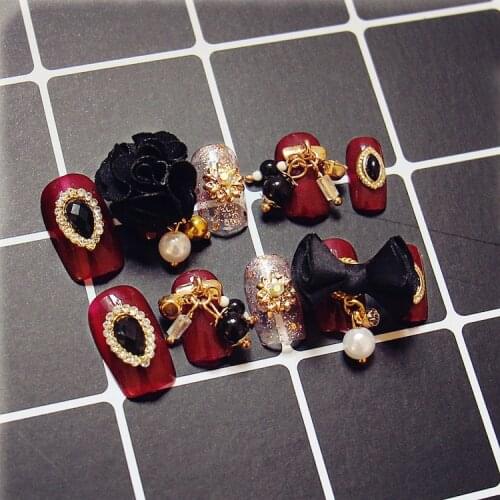 Royal style Vintage wine red with magnet black flower 3D fake nails Japanese pure color UV gel false nails lady gel nail tips