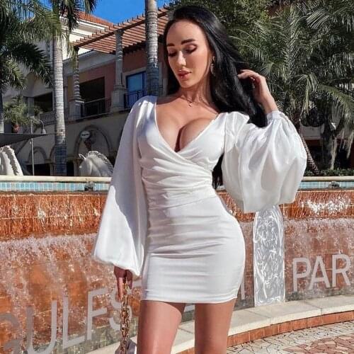 Free Shipping 2021 New Summer Satin Dress Women Sexy V-neck Lantern Long Sleeve Bodycon Mini Dress Club Night Party Vestidos