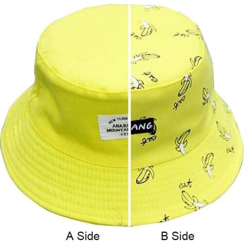 New Unisex Fashion Cap Lovers Womens Panama Hats Banana Pattern Summer Cotton Bucket Hats Female Men Sad Boy Beach Caps Black