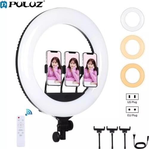 PULUZ 18 inch 46cm USB 3 Modes Dimmable White Light LED Ring Vlogging Photography Video Light with Remote Control&3xPhone Clamps