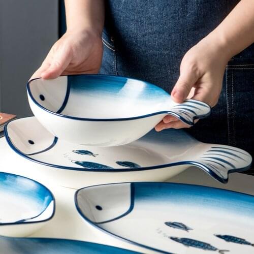 Nordic Ceramic Plate Creative Household Large Fish Plate Rectangular Plate Shallow Plate Vegetable Plate Cartoon Tableware