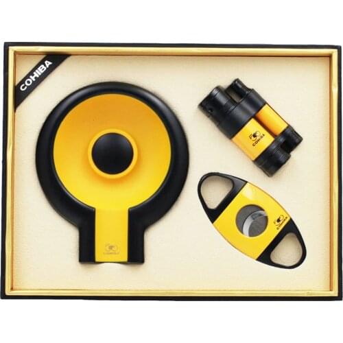 Cigar Ashtray Lighter Cutter Windproof 3 Torch Jet Flame Cigar Accessoriesset Butane Gas with Punch Gift Box