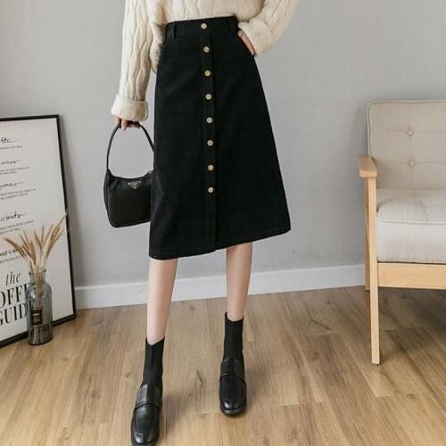 Streetwear Corduory Skirt For Women High Waist Single Breasted Office Lady Mid Skirt Autumn Winter 2020 Black Vintage Skirt