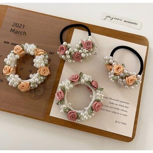 Vintage French Rose Flower Elastic Hair Bnads Handmade Pearl Hair Scrunchies Women Hair Ties Ponytail Holder Rope Accessories