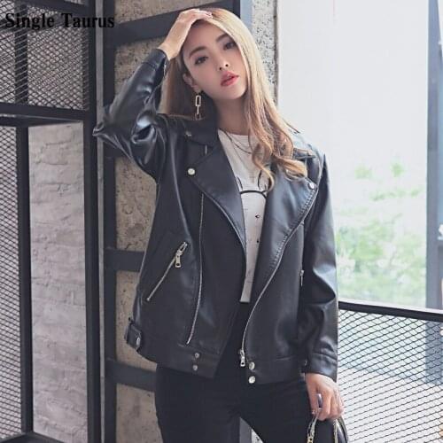 2020 Fall Female Learher Coats Korean Long Sleeve Loose Biker Jacket Streetwear Boyfriend Preppy Style Girl Leather Jacket Women