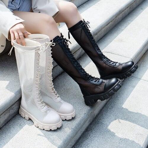 Summer Ankle Boots Women Chunky Heel Knee-length Boots Woman Shoes Brand Female Round Toe Zipper Boots Lasdies Fashion Comfort