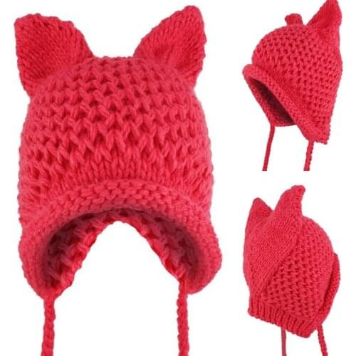 Women Winter Chunky Knit Beanie Hat Cute 3D Cat Ears Solid Color Windproof Warm Earflap Cap with Pompom Chin Strap