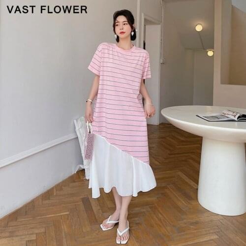 Korean Striped Patchwork Irregular Plus Size Summer Dress Women New Short Sleeve Casual Loose Fashion Long Dresses Clothes 2021