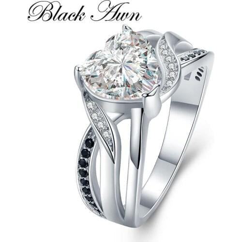 BLACK AWN 2019 Hot Engagement Rings for Women 925 Sterling Silver Jewelry Black&White Stone Heart Zircon Bague Lover Gift CC422