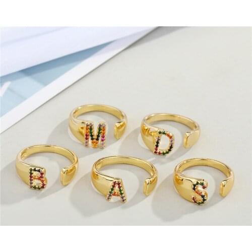 1PC New Fashion Colorful Zircon Initial Letter Ring For Women Men Hollow Name Alphabet Open Finger Ring Friendship Jewelry R378