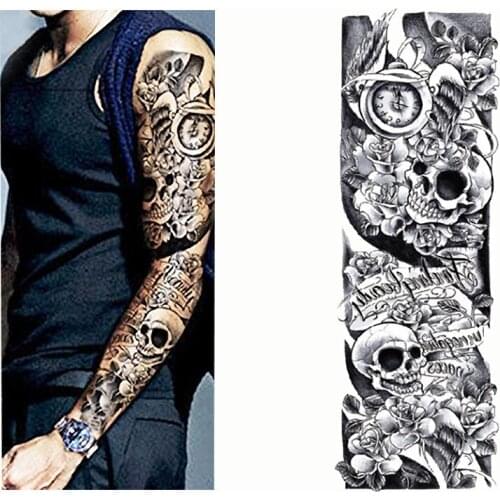 2017 Temporary Tattoo Sticker Skull clock Full Flower Tattoo with Arm Body Art Big Large Fake Tattoo Sticker