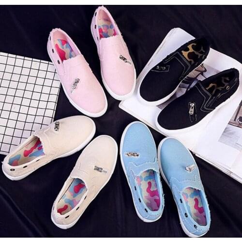 2020 Spring Summer Canvas Shoes Zip Round Toe Slip On Loafers Casual Women Denim Flat Shoes Sneakers Plus Size 35-43