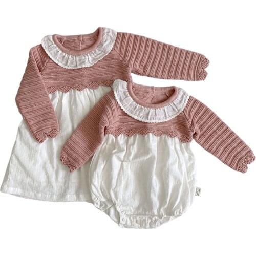 2021 Pastoral Syle Kids Sweaters Sisters Clothes Mathcing Knitted Clothes Knit Flowers Dress Baby Girls Knitted Rompers Party